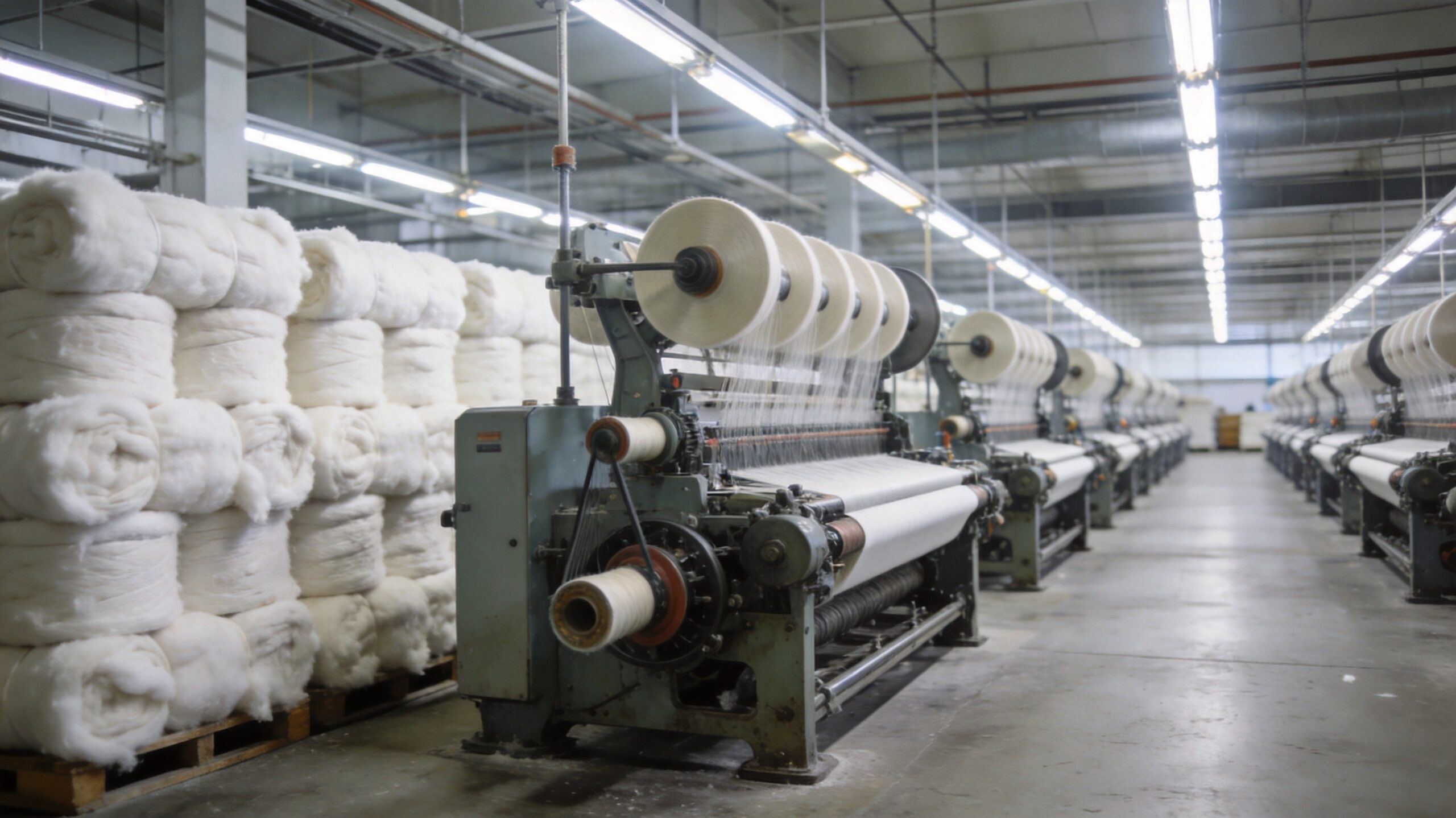 Cotton bales and air-jet weaving lines inside Youmian's Nantong mill