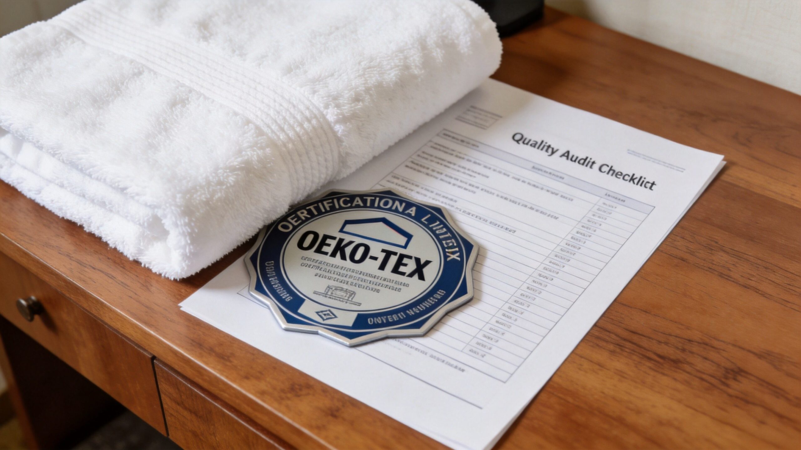 Quality audit checklist and OEKO-TEX STANDARD 100 test report beside a cotton towel