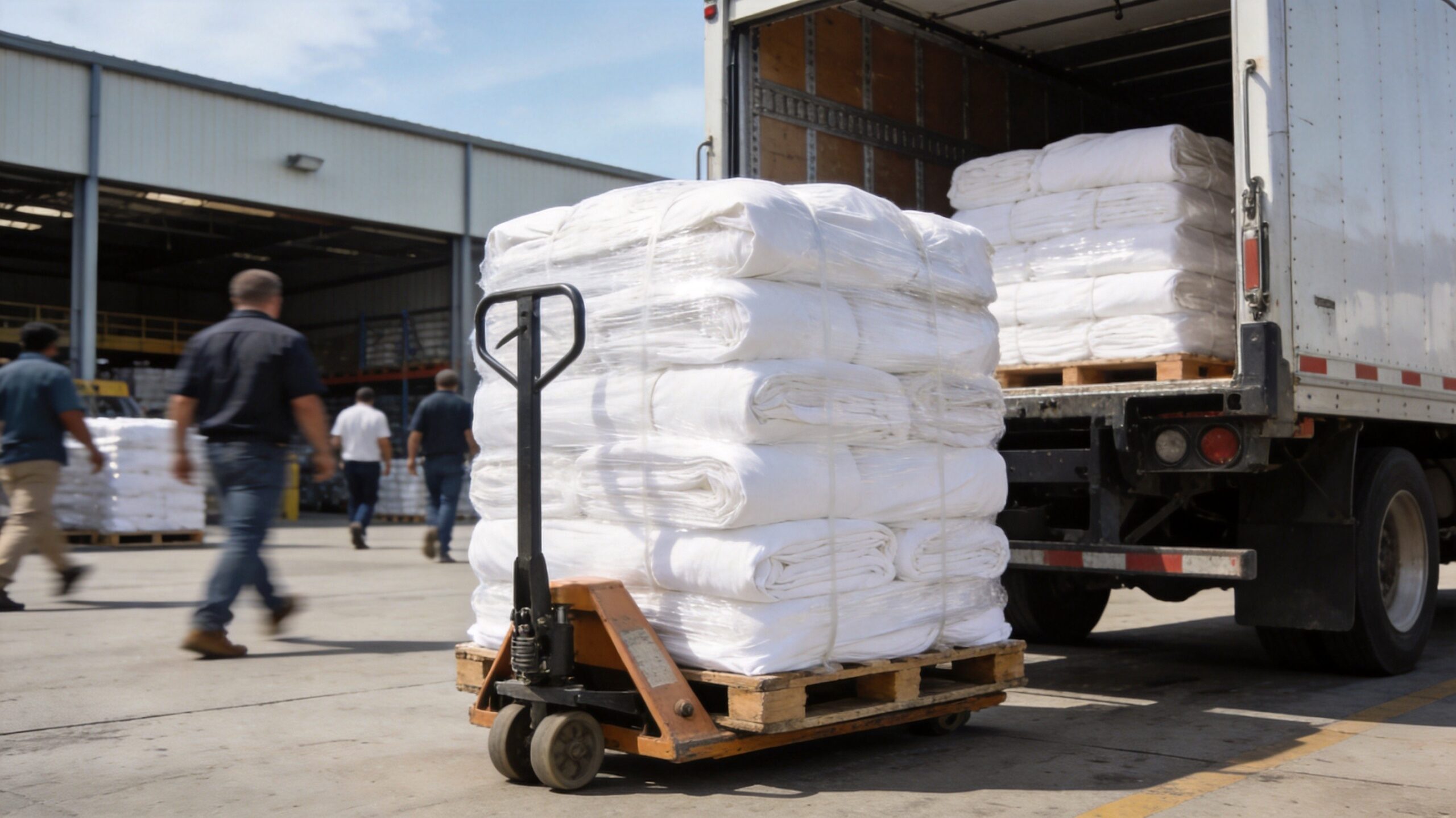 Palletised hotel linen rolls being loaded for export shipment