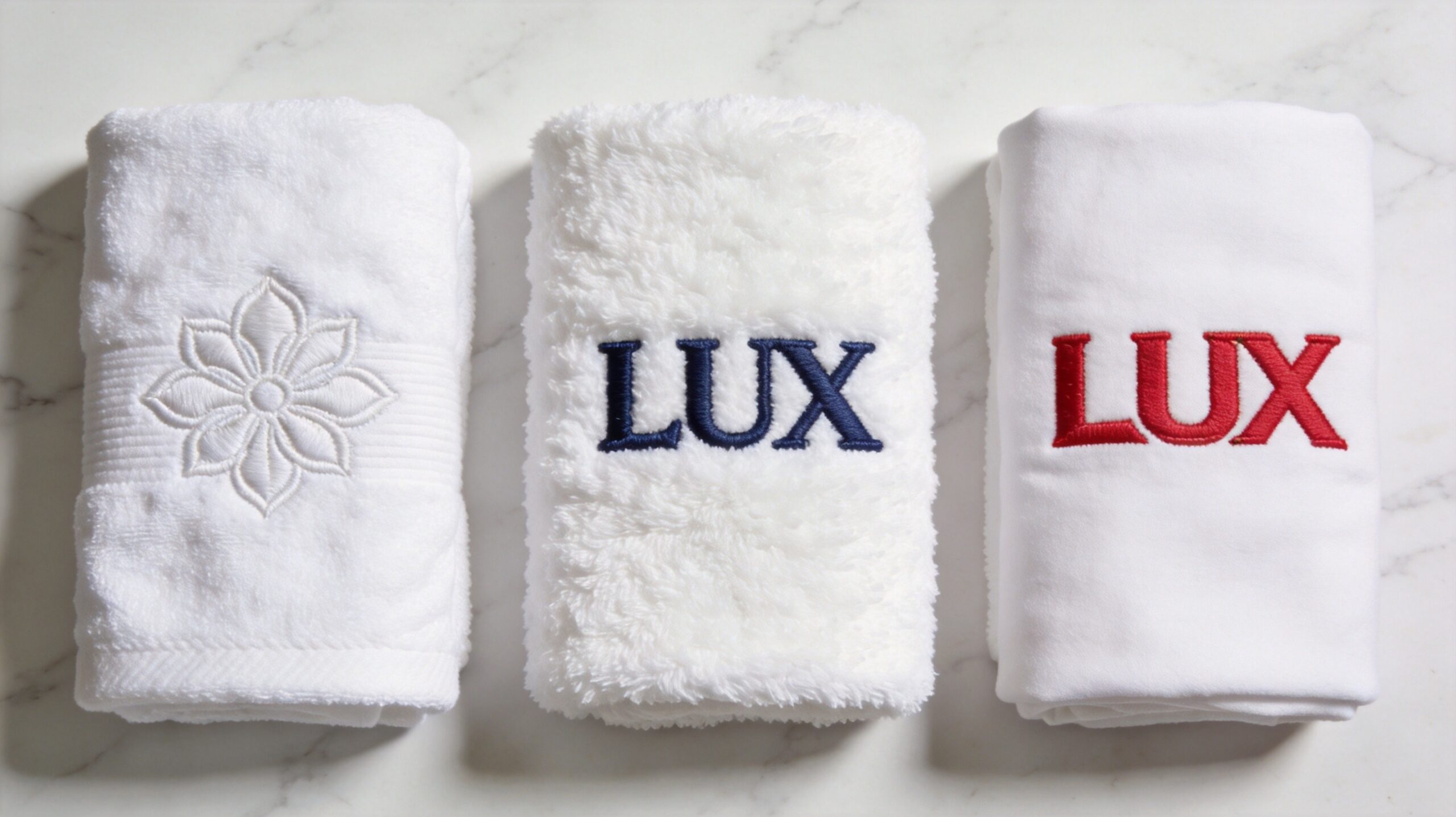 Comparison of Jacquard woven, embroidery, and screen print techniques on hotel towels