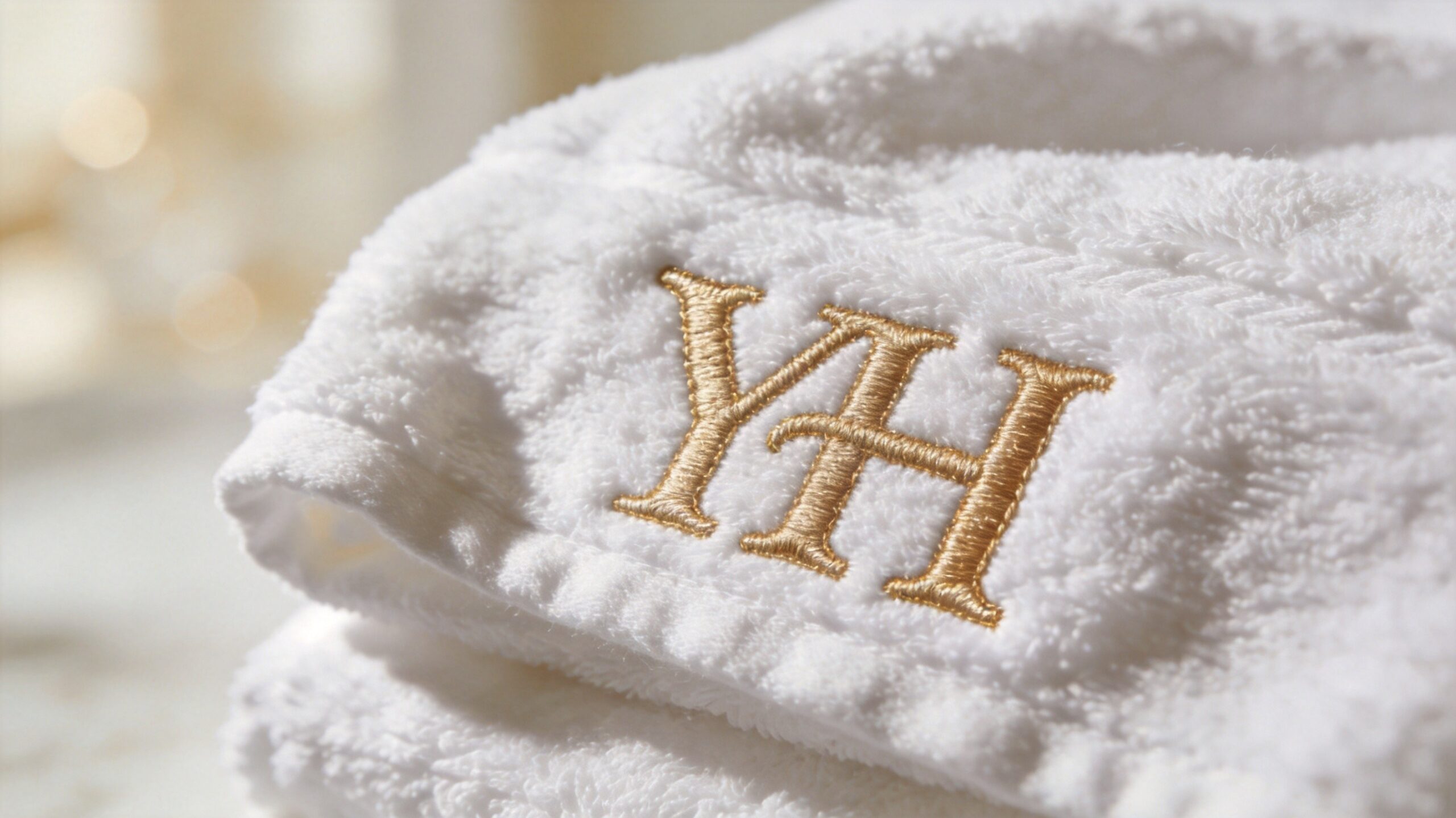 Custom embroidered hotel towel close-up showing luxury logo embroidery detail