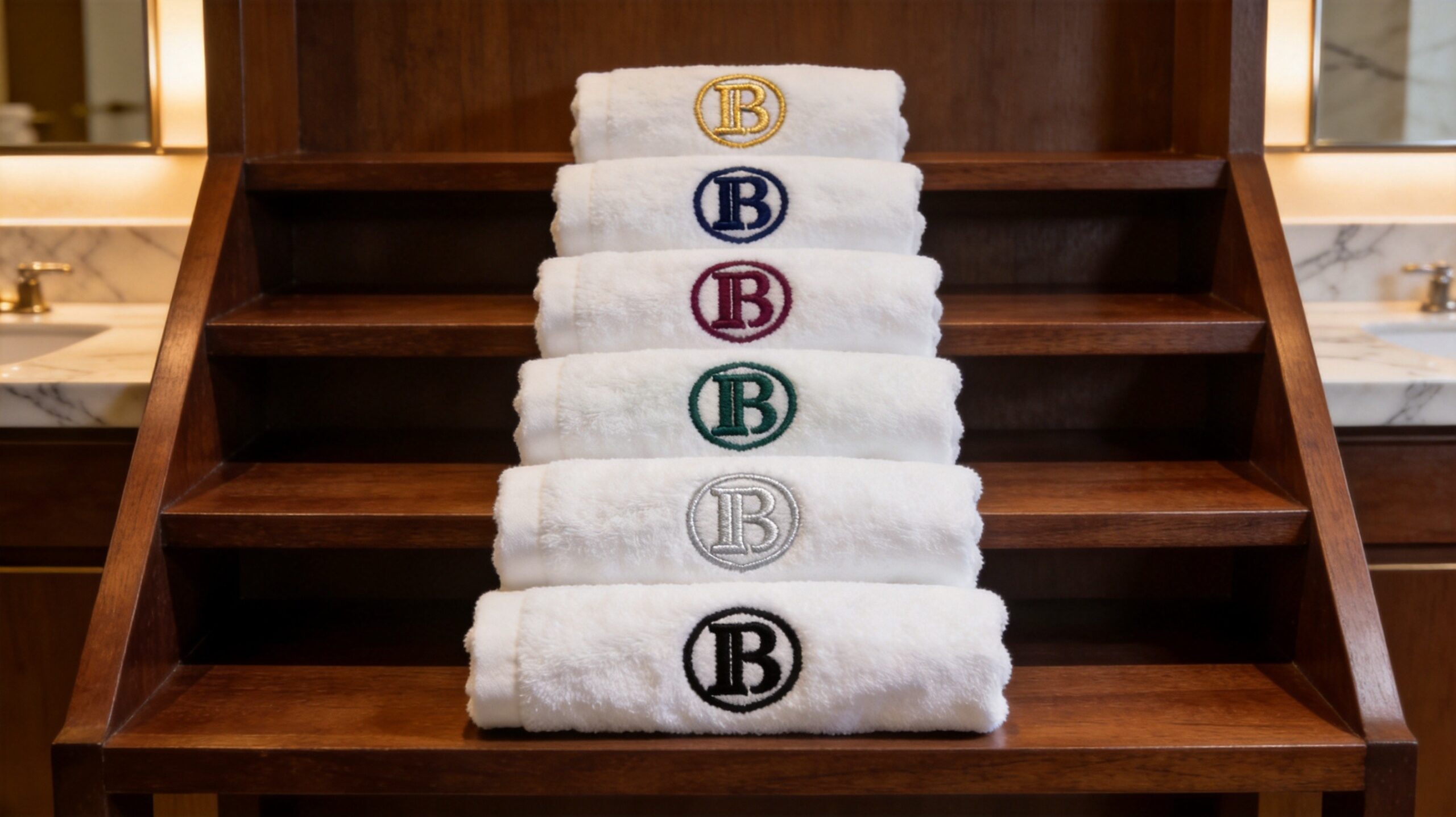 Multiple hotel branded embroidered towels displayed on luxury shelf