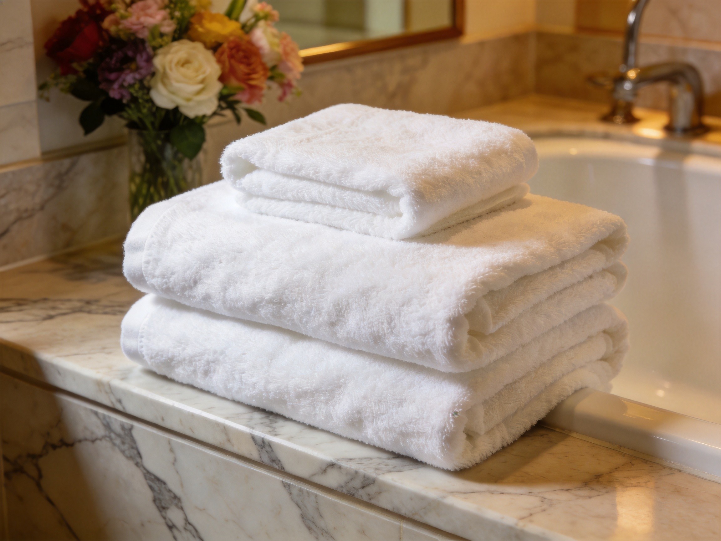 Luxury hotel bathroom with premium thick cotton towels neatly arranged