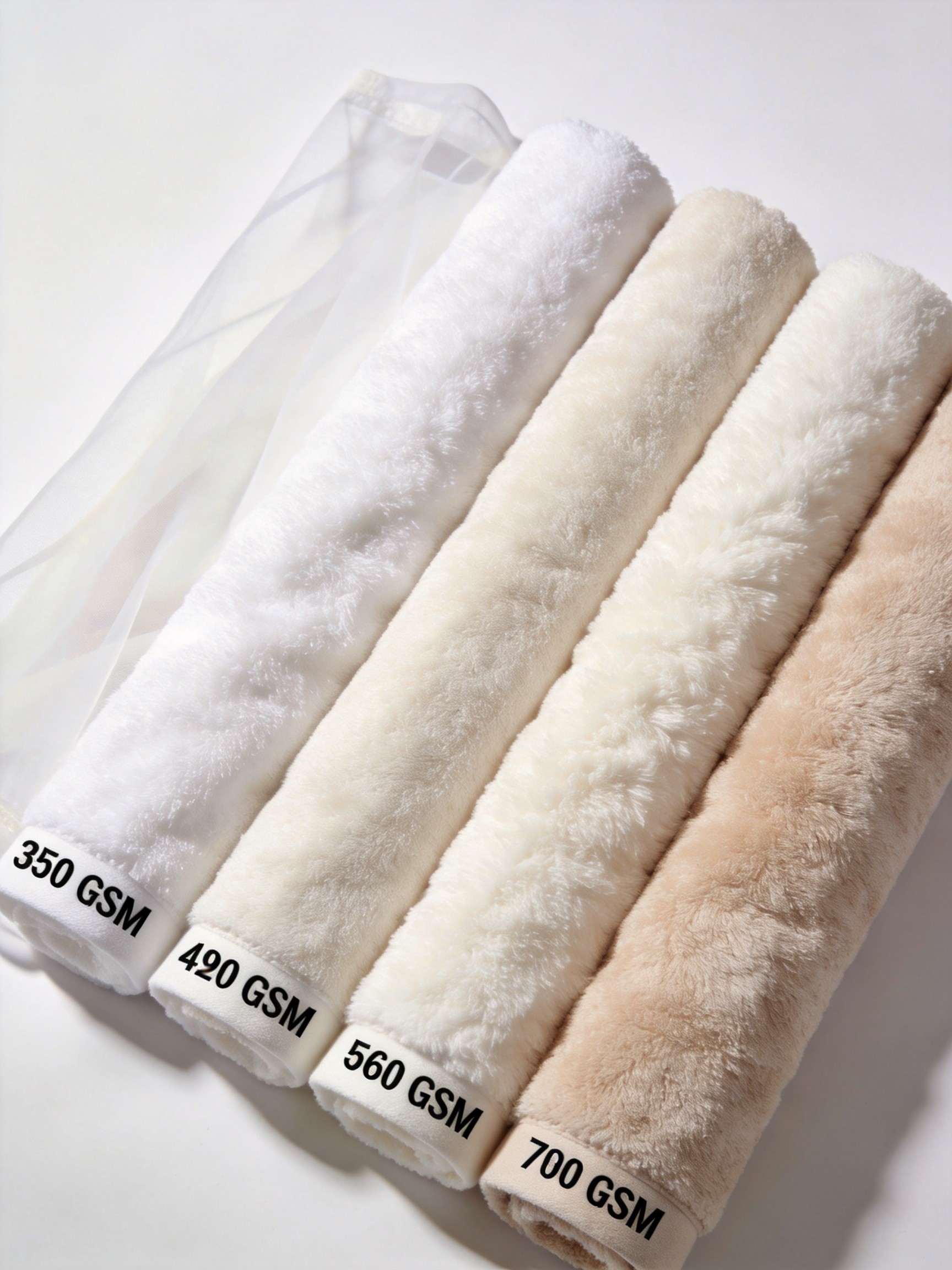 Hotel towels at different GSM levels from 350 to 700 showing thickness comparison