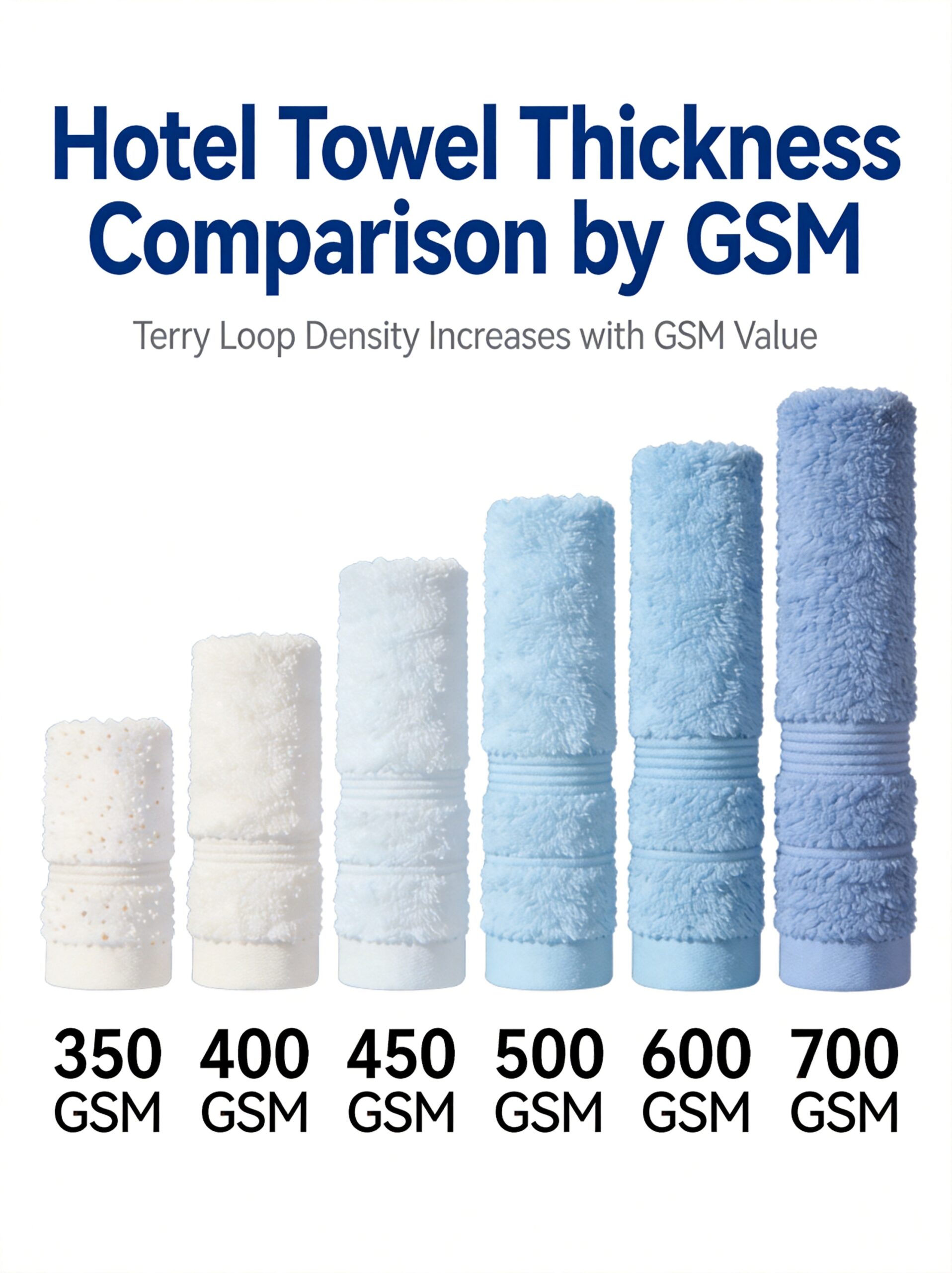 GSM level infographic showing cross-section thickness of towels at 350 400 450 500 600 and 700 GSM