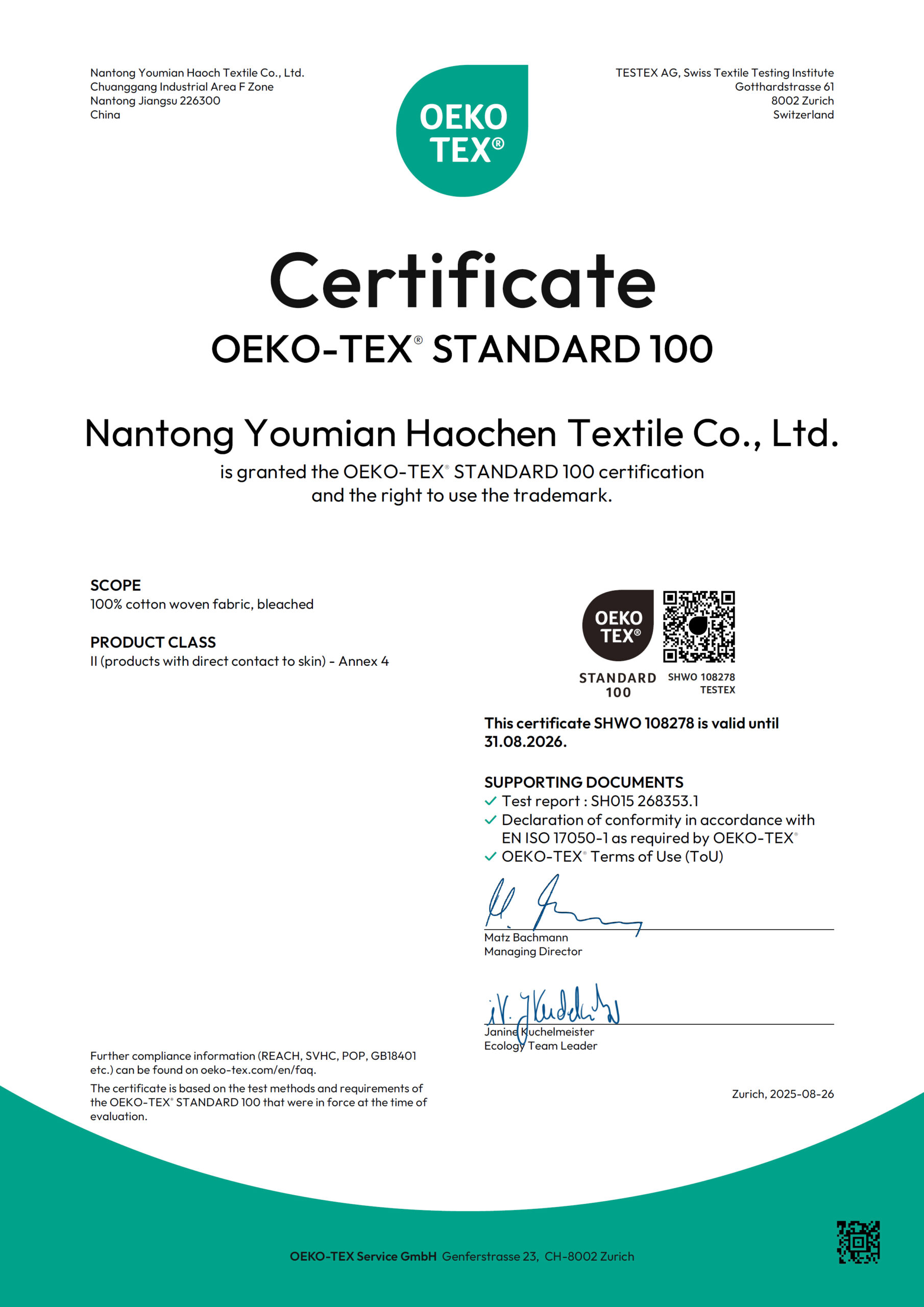OEKO-TEX Standard 100 Certificate